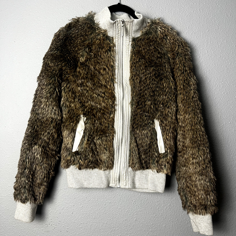 Vertigo Medium Faux Long Angora Fur Blend‎ Brown Grey Trim Cropped Bomber Jacket